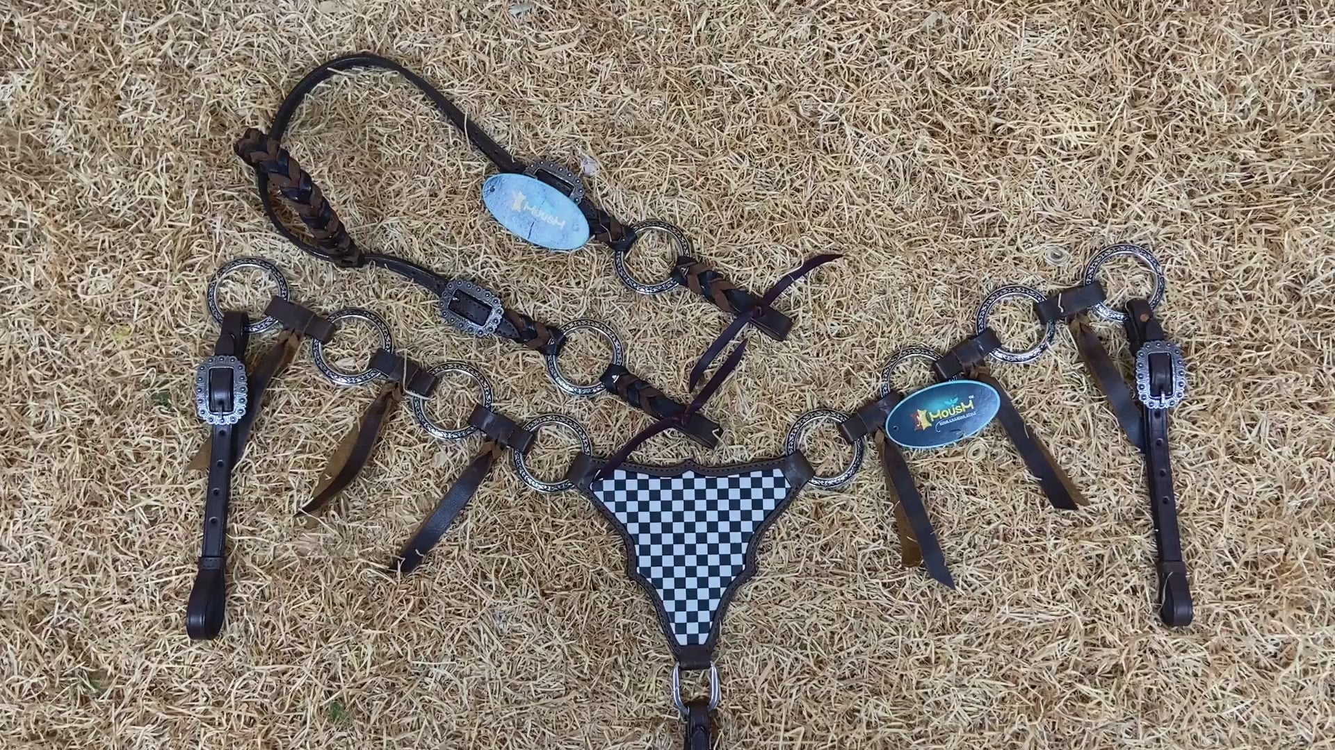 MOUSM Western Headstall With Gladiator-Style Breast Collar – Made From Argentina Cow Leather, Decorated With Engraved Metal Rings, Black & White Checkered Pattern, Leather-Braided One-Ear And Cheek Piece With Roping, And All Antique Nickel Hardware