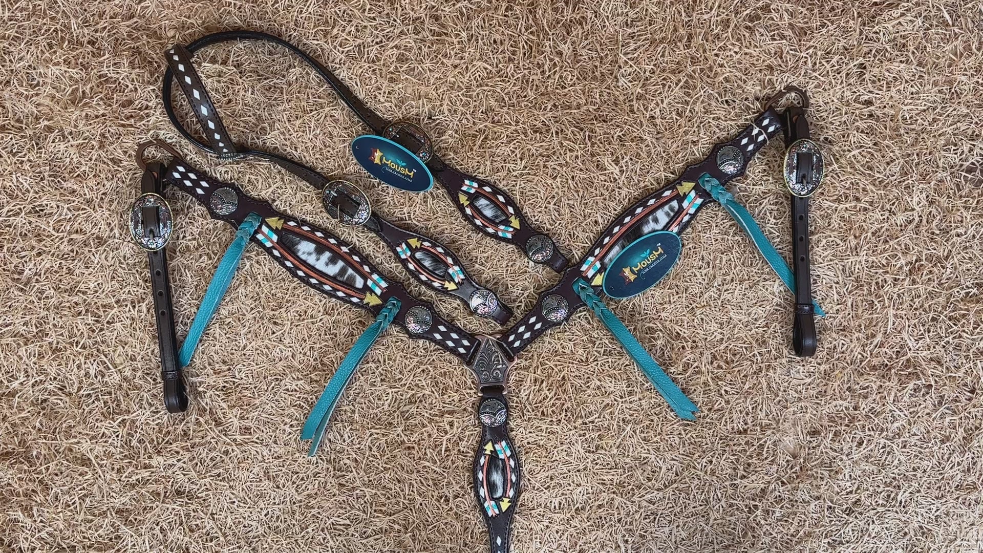 MOUSM Western Headstall and Breast Collar Set - Made with Argentina Cow Leather, Headstall Set Decorated with Arrow Tooling, Cowhide Inlay, and Rawhide Buck Stitching with Teal Laces