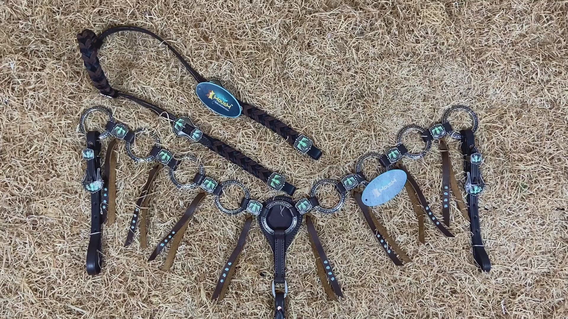 MOUSM Western Ring Headstall and Breast Collar Set – Handcrafted from Argentina Cowhide Leather, Featuring Twisted One-Ear Headstall, Leather Fringe With Turquoise Studs, Decorated With Thunderbird Conchos, and Finished with Antique Copper Hardware