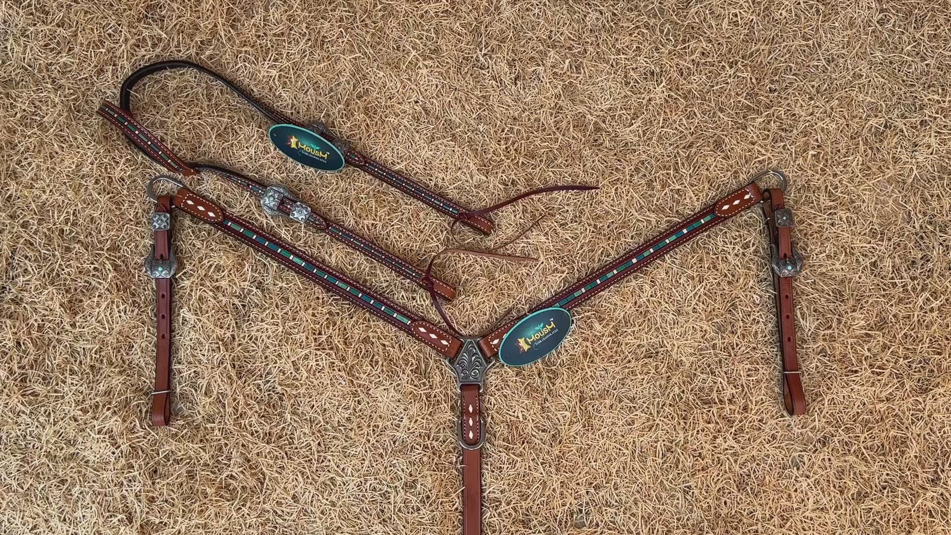 MOUSM Western Leather Headstall and Breast Collar Set – Decorated with Hand-Striped Tooled with Turquoise Coloring & Buck Stitching
