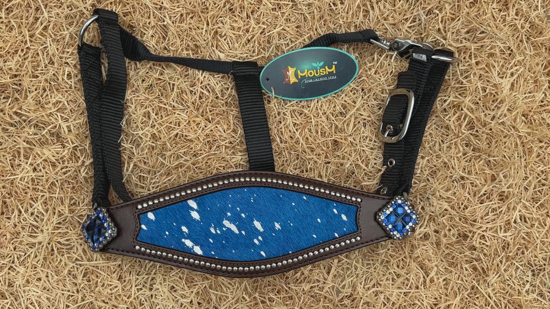 MOUSM Argentina Cow Leather Bronc Halter - Western Horse Noseband Decorated with Royal Blue Metallic Acid Wash Cowhide and Rhinestones Conchos
