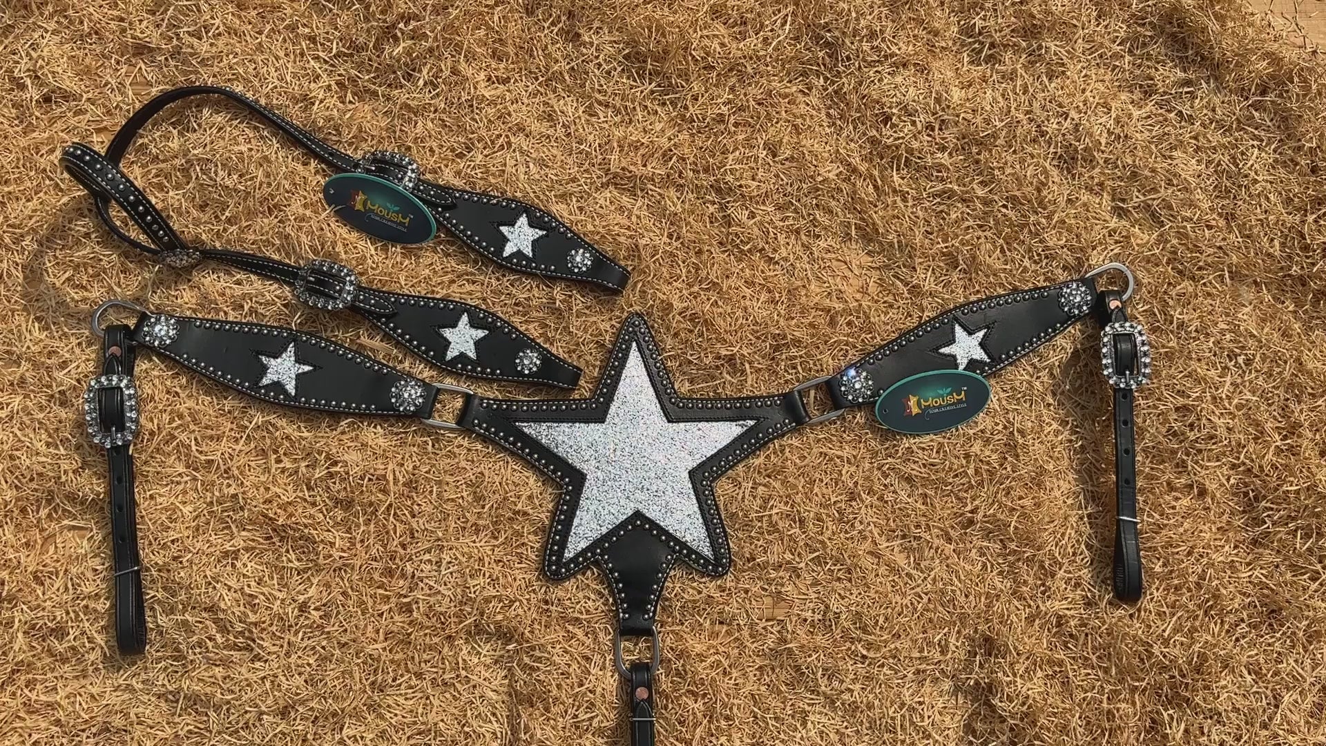 MOUSM Western Leather Headstall & Breast Collar Set – Decorated with Sparkle Star Design with Silver Studs & Clear Berry Conchos, Gladiator-Patterned Breast Collar with Star-Shaped Center and Sparkling Inlay