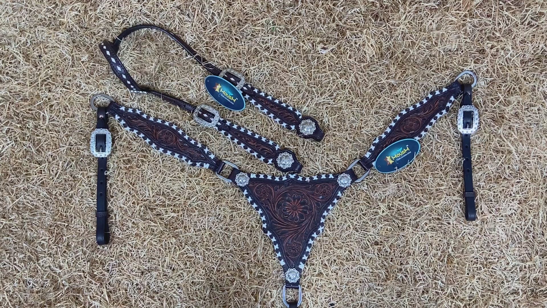 MOUSM One Ear Headstall Set – Western Leather Horse Tack Set Decorated with Criss-Cross Rawhide Braiding and Hand-Tooled Flower Carvings, Featuring Antique Finish Nickel Hardware