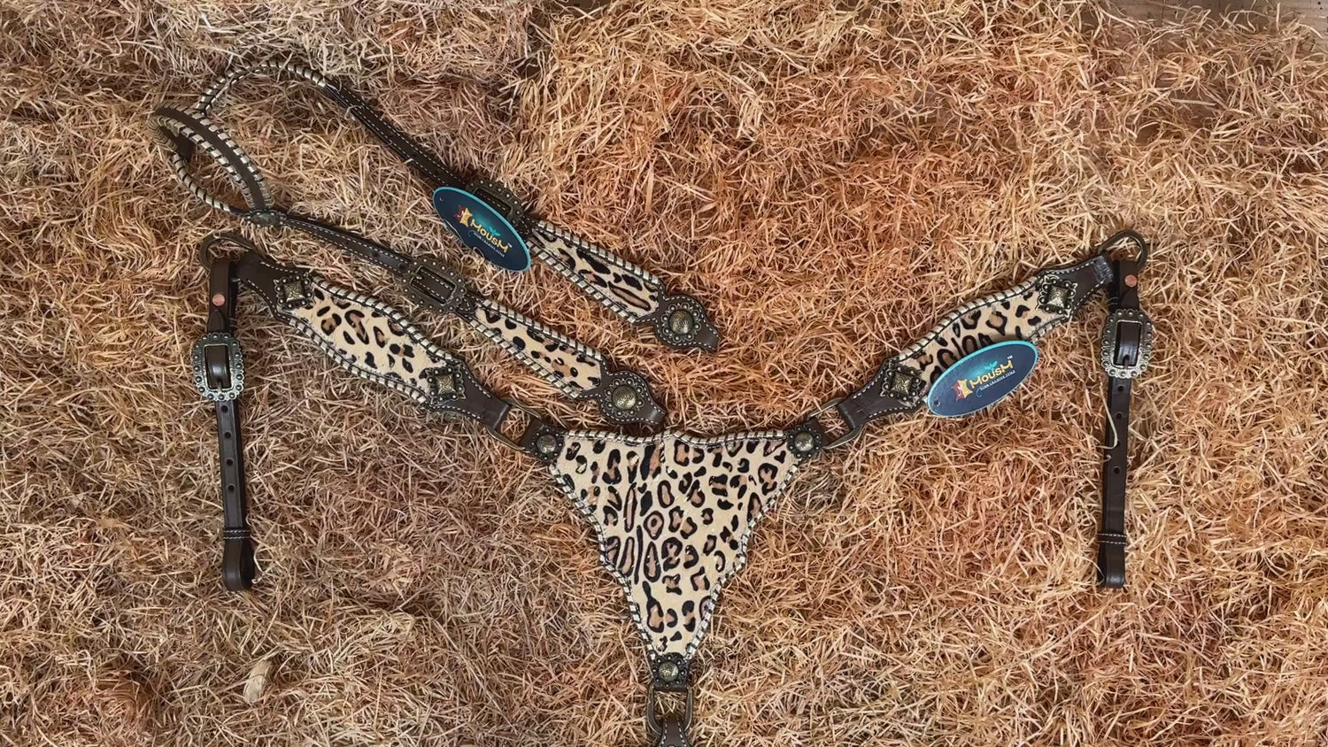 MOUSM Argentina Cow Leather Headstall and Breast Collar Set - Western Horse Tack Set Decorated with Jaguar Print Cowhide with Golden Whip Stitching