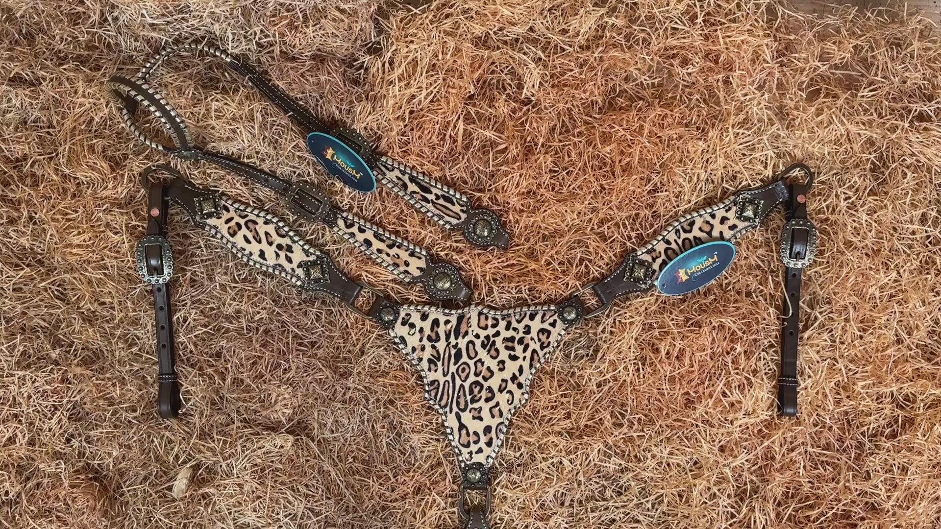 MOUSM Argentina Cow Leather Headstall and Breast Collar Set - Western Horse Tack Set Decorated with Jaguar Print Cowhide with Golden Whip Stitching