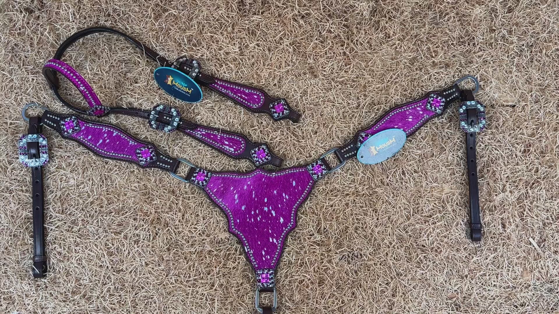 MOUSM Western Headstall & Breast Collar Set – Made with Genuine Argentina Cow Leather Decorated Middle Leather Patch with Pink Silver Metallic Acid Wash Cowhide