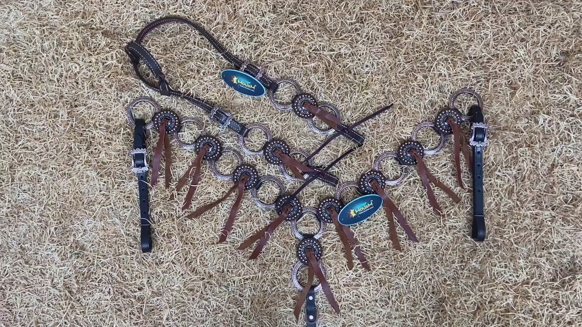 MOUSM Western Ring Headstall and Breast Collar Set – Handcrafted from Argentina Cowhide Leather, One-Ear Headstall with Twisted Cheek Piece & Leather Fringe, Decorated with Congress Conchos Finished with Antique Copper Hardware
