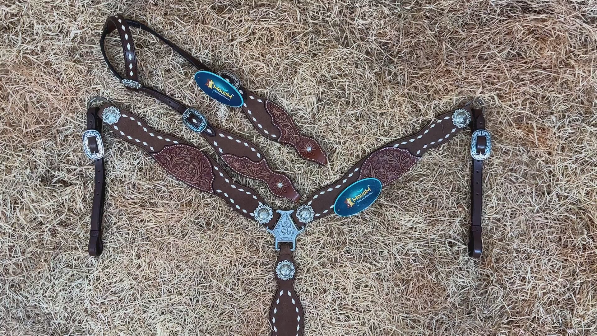 MOUSM Argentina Cow Leather Western Horse Tack Set – One Ear Headstall & Breast Collar, Bronc Halter, Wither & Spur Straps with Hand-Tooled Sunflower Carving & White Buck Stitching