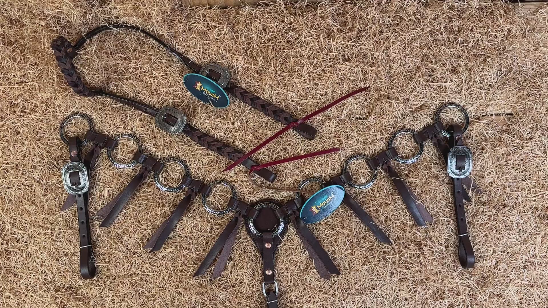 MOUSM Ring Headstall and Breast Collar Tack Set – Made form Argentina Cow Leather with Engraved Antique Nickel Rings, Metallic Brown Plain Leather Fringe on Real Brown Leather, and Braided Browband & Cheekpiece
