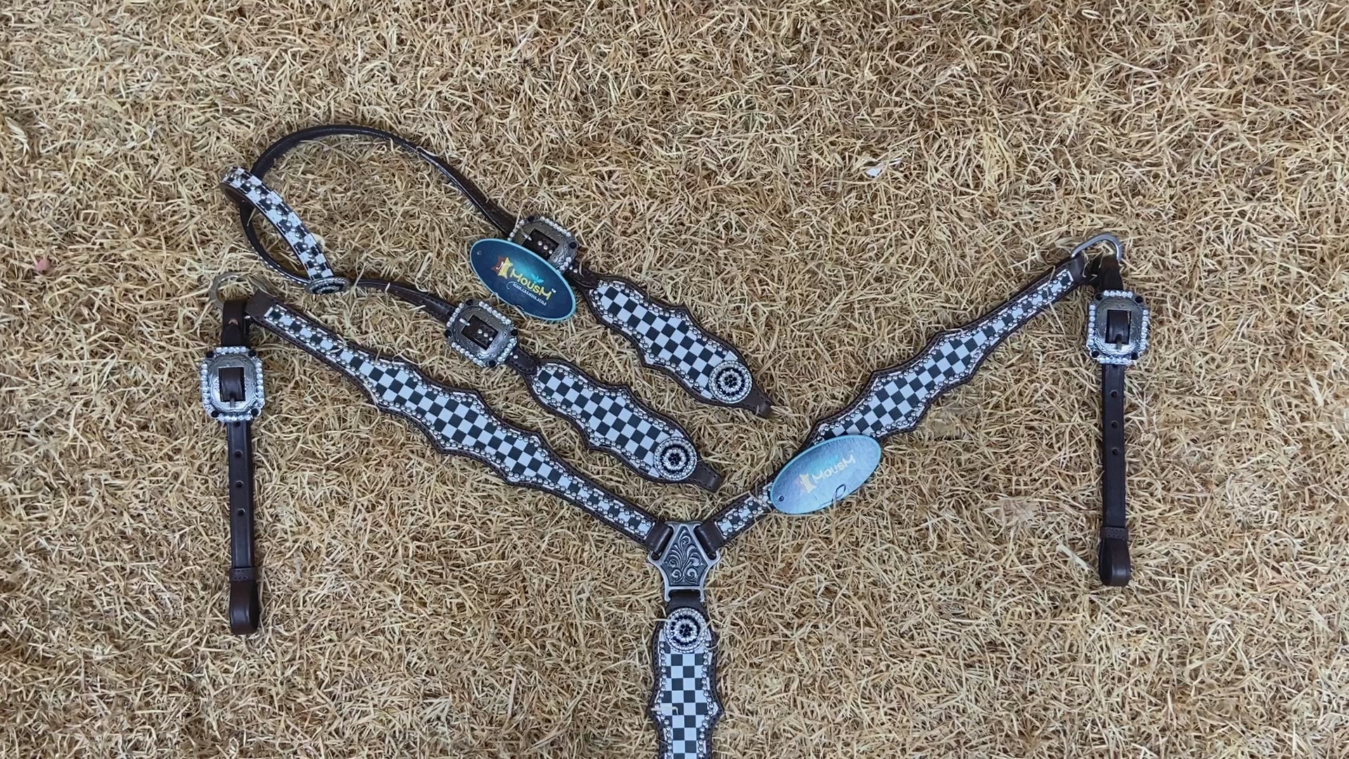 MOUSM Western Headstall Tack Set - Made from Argentina Cow Leather Decorated with Black and White Checkered Pattern and Round Rhinestone Conchos Surrounded By Sliver Studs, All Antique Nickel Hardware