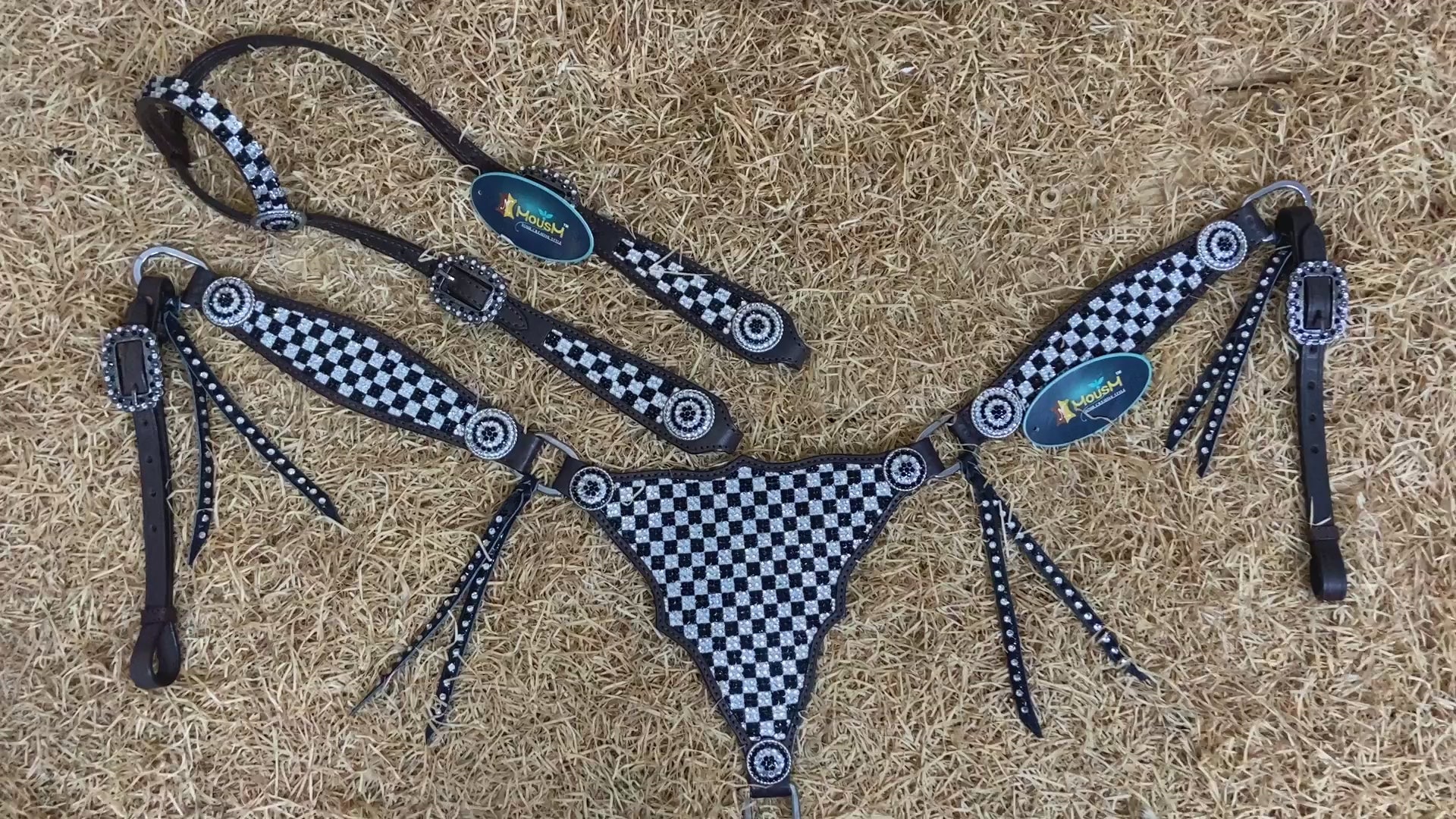 MOUSM Western Horse Tack Set – Made From Argentina Cow Leather, Featuring Gladiator-Style Breast Collar Decorated With Dazzling Black And White Checkered Stone Design, Round Berry Conchos, Leather Roping, And All Antique Nickel Hardware