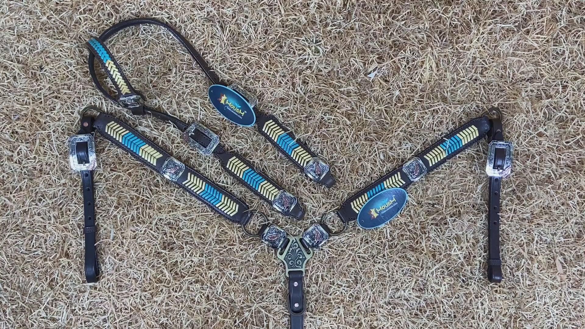 MOUSM Western Headstall and Breast Collar Set – Leather Horse Tack Set Decorated with Golden and Turquoise Arrow-Shaped Braiding and 3 Tone Feather Square Conchos