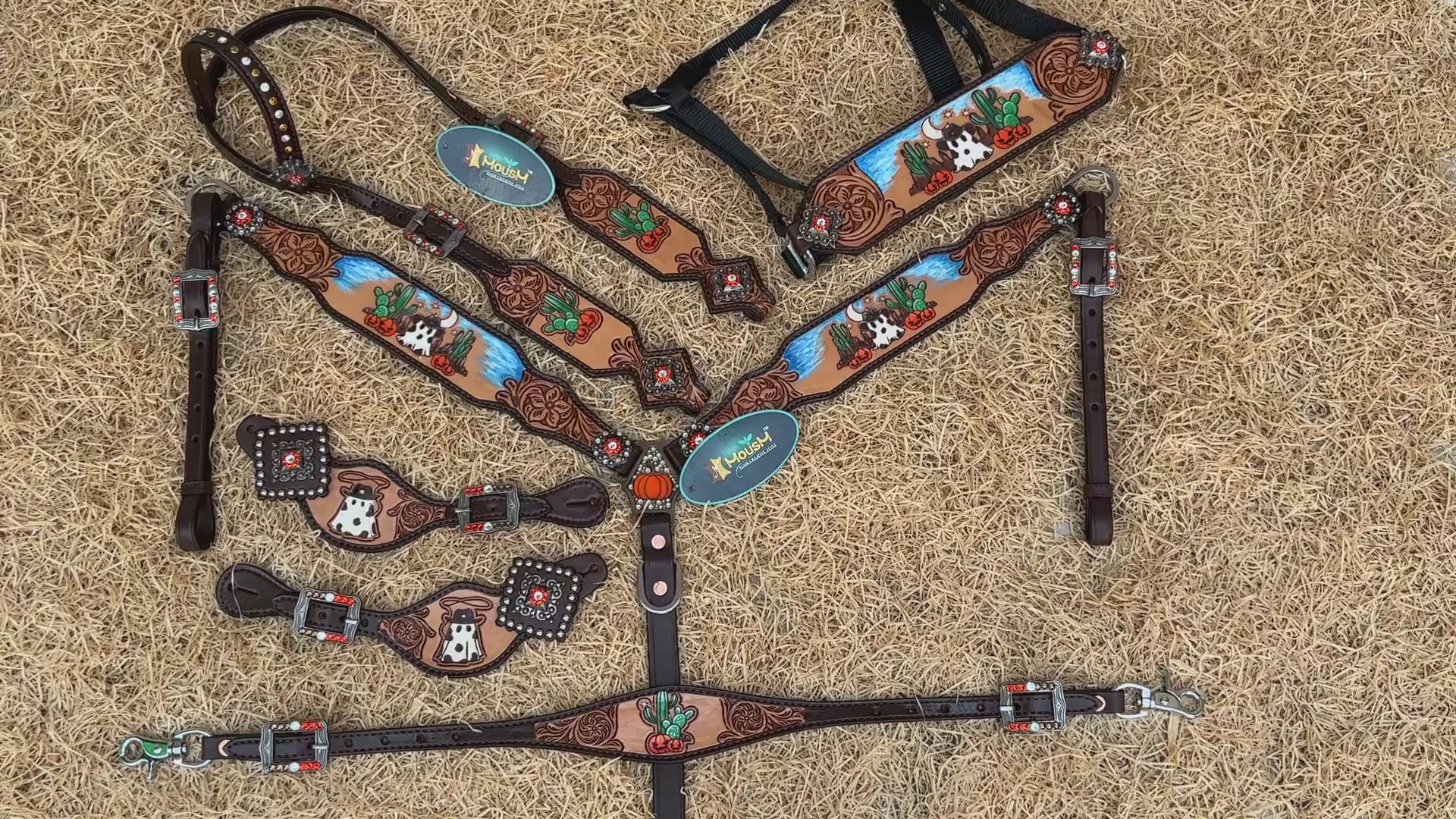 MOUSM Spooky Western Leather Horse Tack Set – Headstall & Breast Collar Decorated with Cowboy Ghost, Cactus, and Halloween Pumpkin Hand-Painted and Hand Flower Carving with Antique Finish