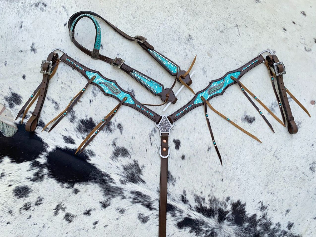 Turquoise Silver Splash Argentina Cowhide Leather Headstall Set