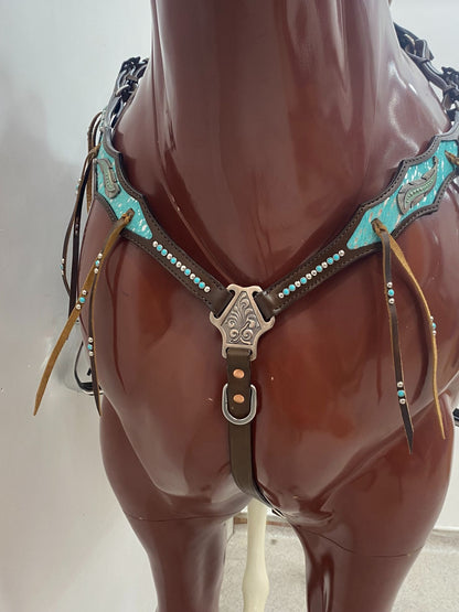 MOUSM Argentina Cow Leather Horse Bridle &amp; Breast Collar Set – Western Horse Tack with Turquoise Silver Splash Cowhide, Feather Hardware &amp; Nickel Accents