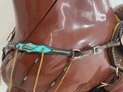 MOUSM Argentina Cow Leather Horse Bridle &amp; Breast Collar Set – Western Horse Tack with Turquoise Silver Splash Cowhide, Feather Hardware &amp; Nickel Accents