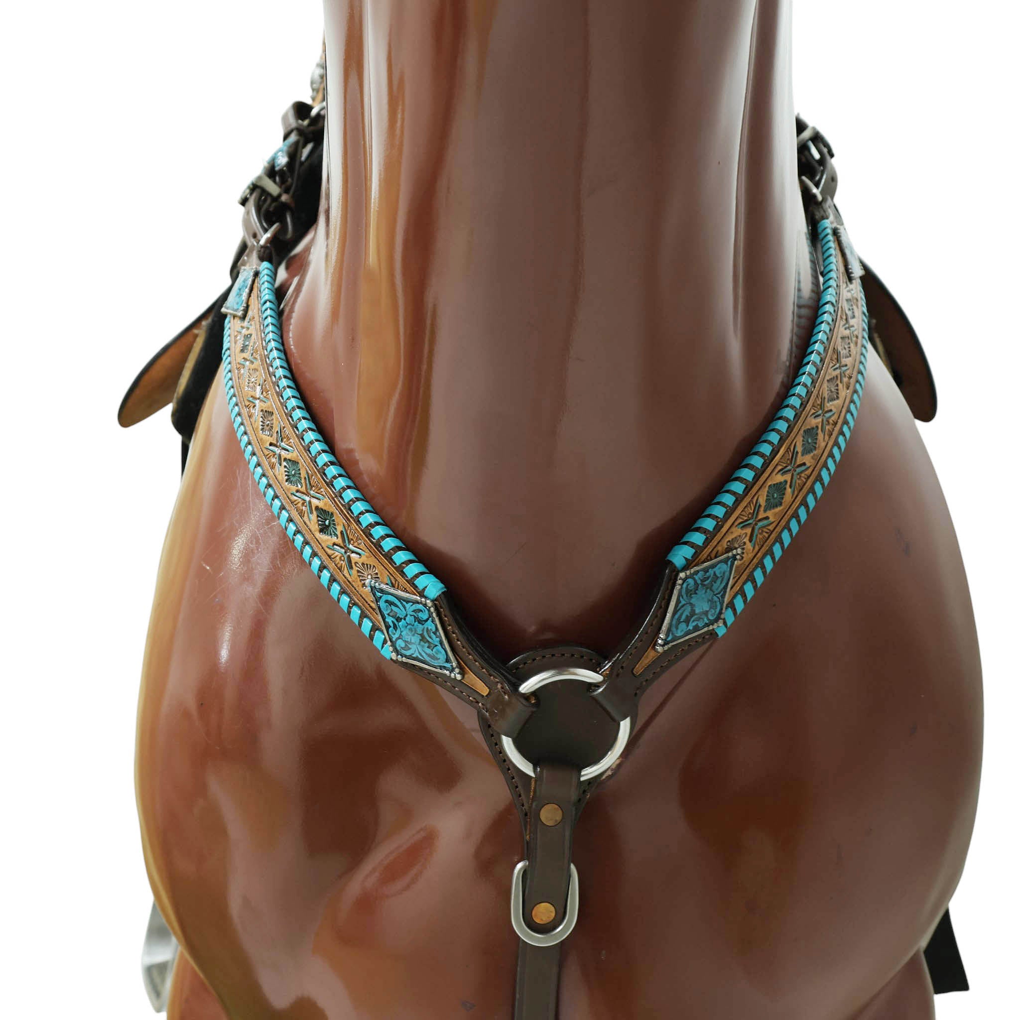 Western Horse Tack Set Decorated with Turquoise Whip Stitching with Geometrical Tooling Border and Turquoise Vintage Nickel Hardware MOUSM