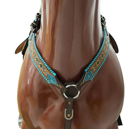 Western Horse Tack Set Decorated with Turquoise Whip Stitching with Geometrical Tooling Border and Turquoise Vintage Nickel Hardware MOUSM