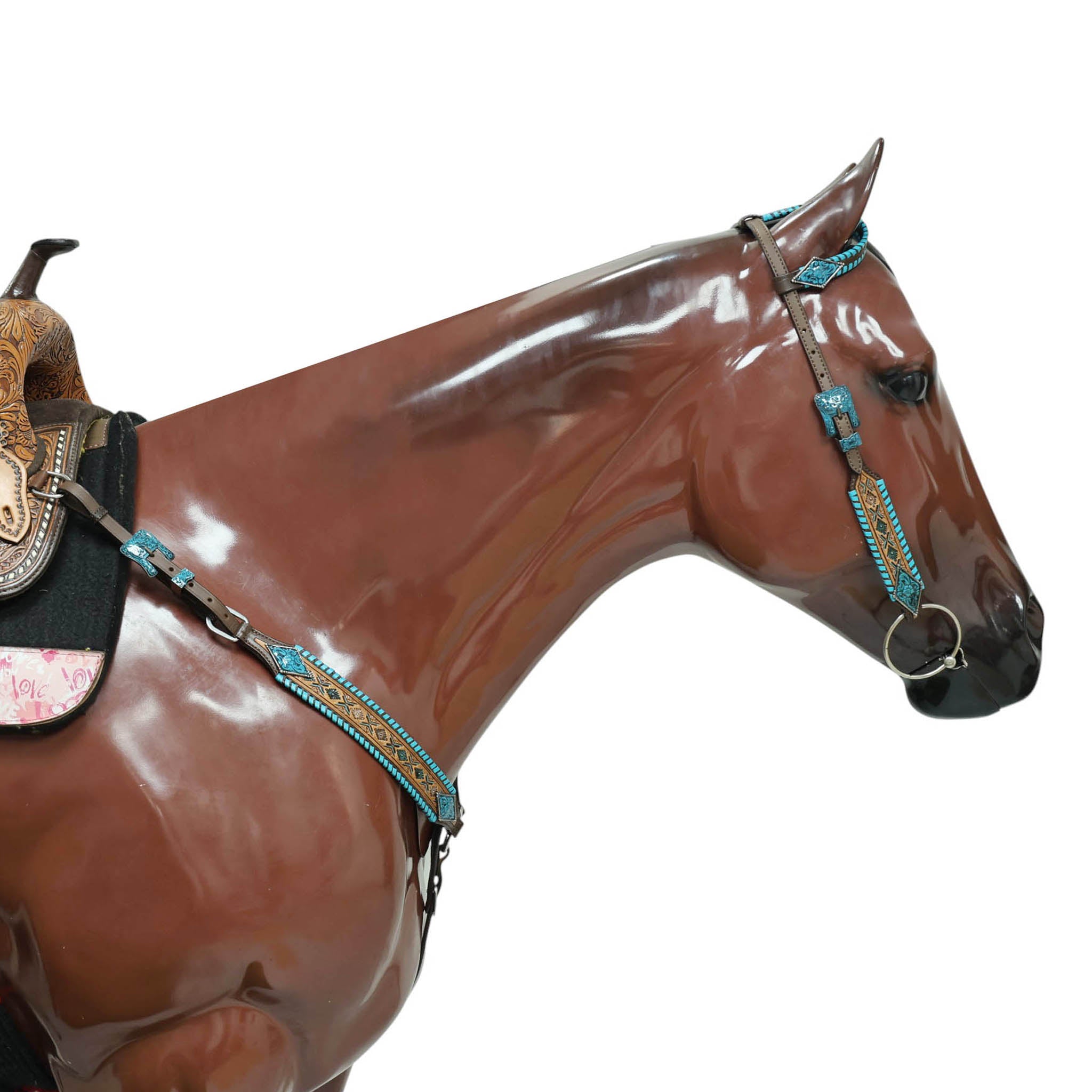 Western Horse Tack Set Decorated with Turquoise Whip Stitching with Geometrical Tooling Border and Turquoise Vintage Nickel Hardware MOUSM