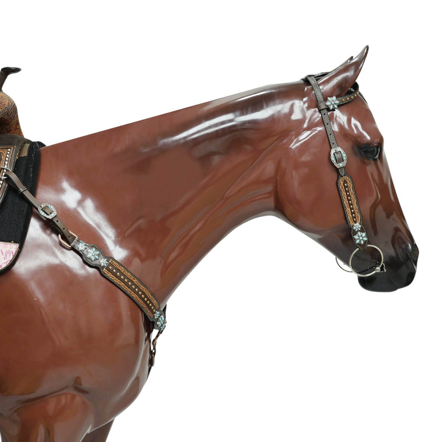 Western Leather Headstall and Breast Collar Tack Set Decorated with Border Carving Antique Finish with Copper Studs and Turquoise Stone Flower Hardware MOUSM