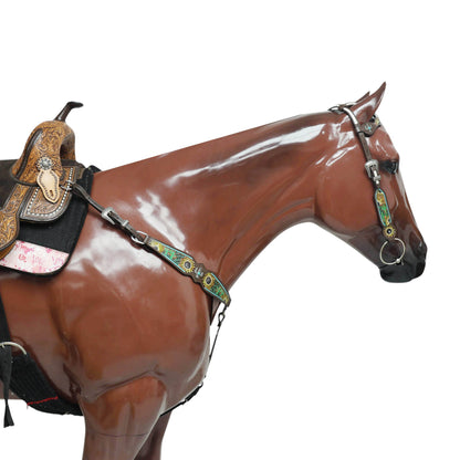 MOUSM Western Leather Horse Tack Set – Decorated with Hand-Painted Sunflower and Cactus Carving, Featuring White Rawhide Braiding and Cactus-Style Conchos on One-Ear Headstall and Breast Collar, Average Full-Size Horses