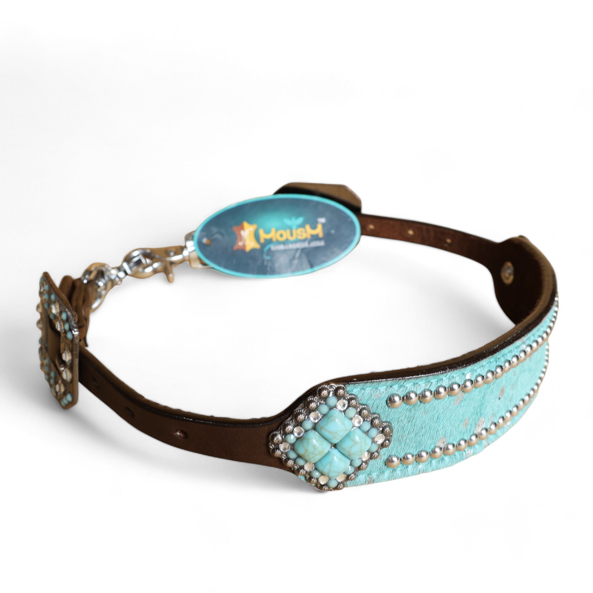 MOUSM Western Wither Strap - Stylish Horse Tack Accessory Decorated with Turquoise Metallic Acid Wash Cowhide, Surrounded by Silver Studs, Shining Rhinestone Conchos