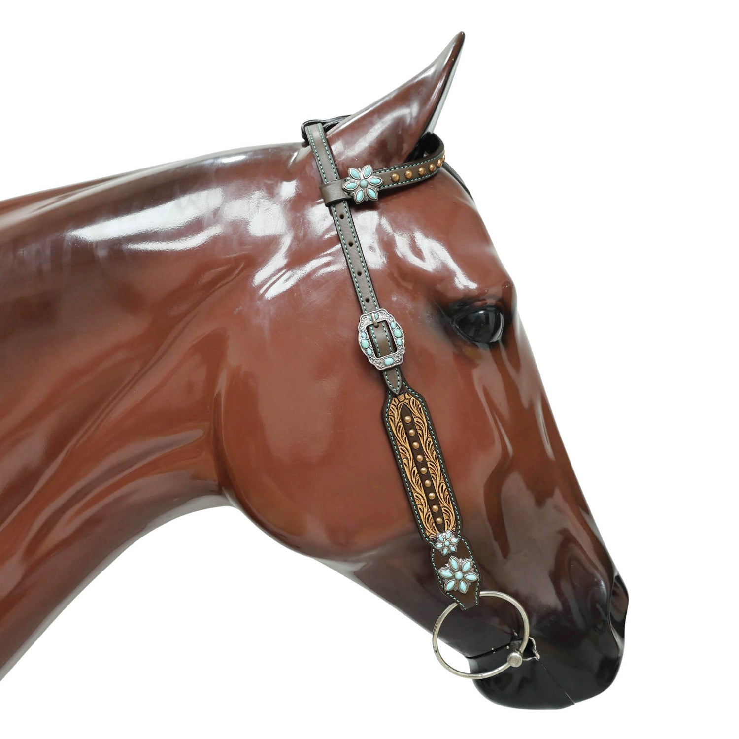 Western Leather Headstall and Breast Collar Tack Set Decorated with Border Carving Antique Finish with Copper Studs and Turquoise Stone Flower Hardware MOUSM