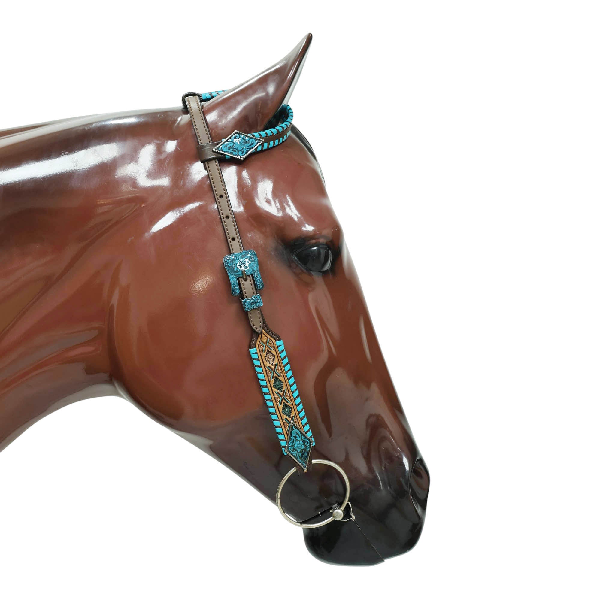 Western Horse Tack Set Decorated with Turquoise Whip Stitching with Geometrical Tooling Border and Turquoise Vintage Nickel Hardware MOUSM