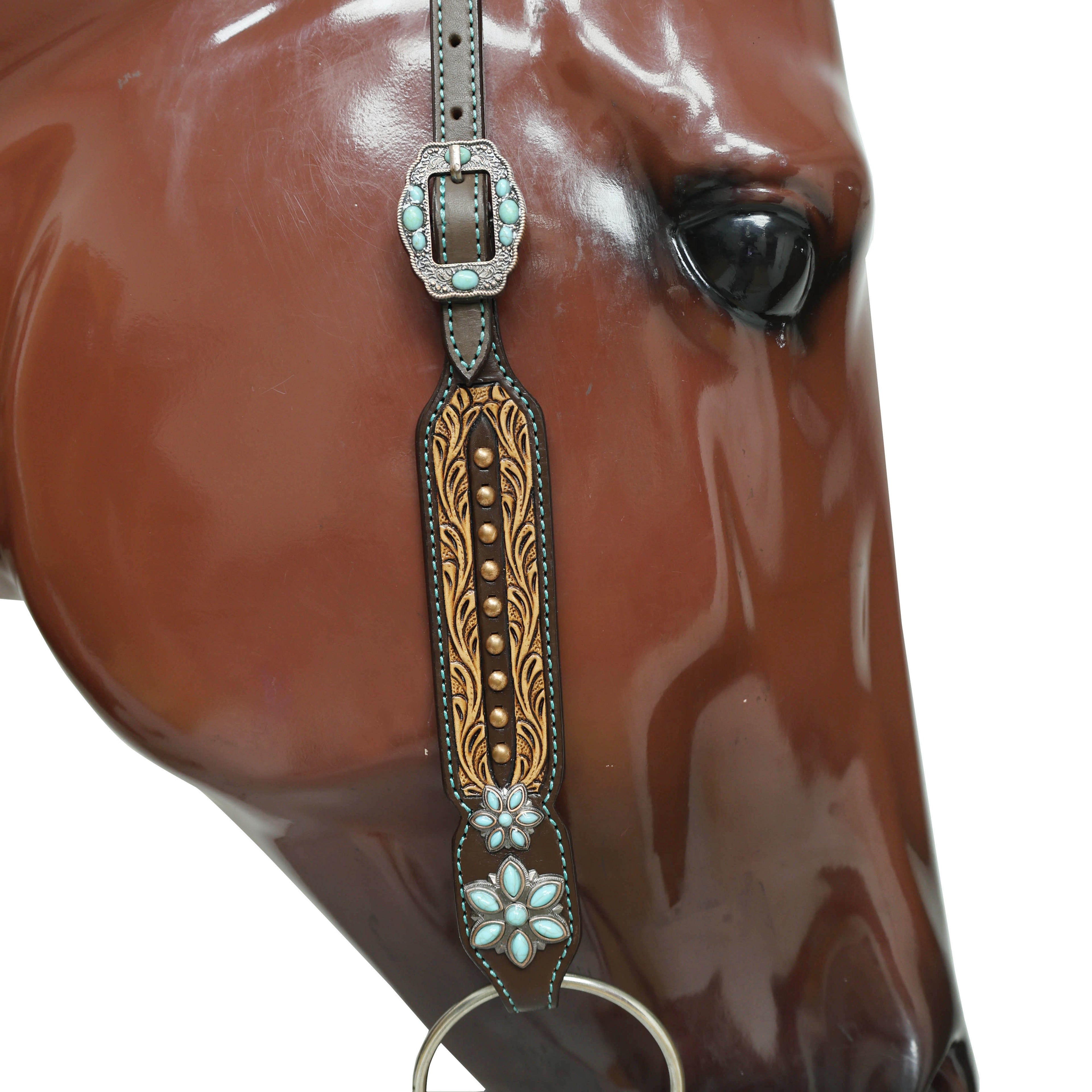 Western Leather Headstall and Breast Collar Tack Set Decorated with Border Carving Antique Finish with Copper Studs and Turquoise Stone Flower Hardware MOUSM