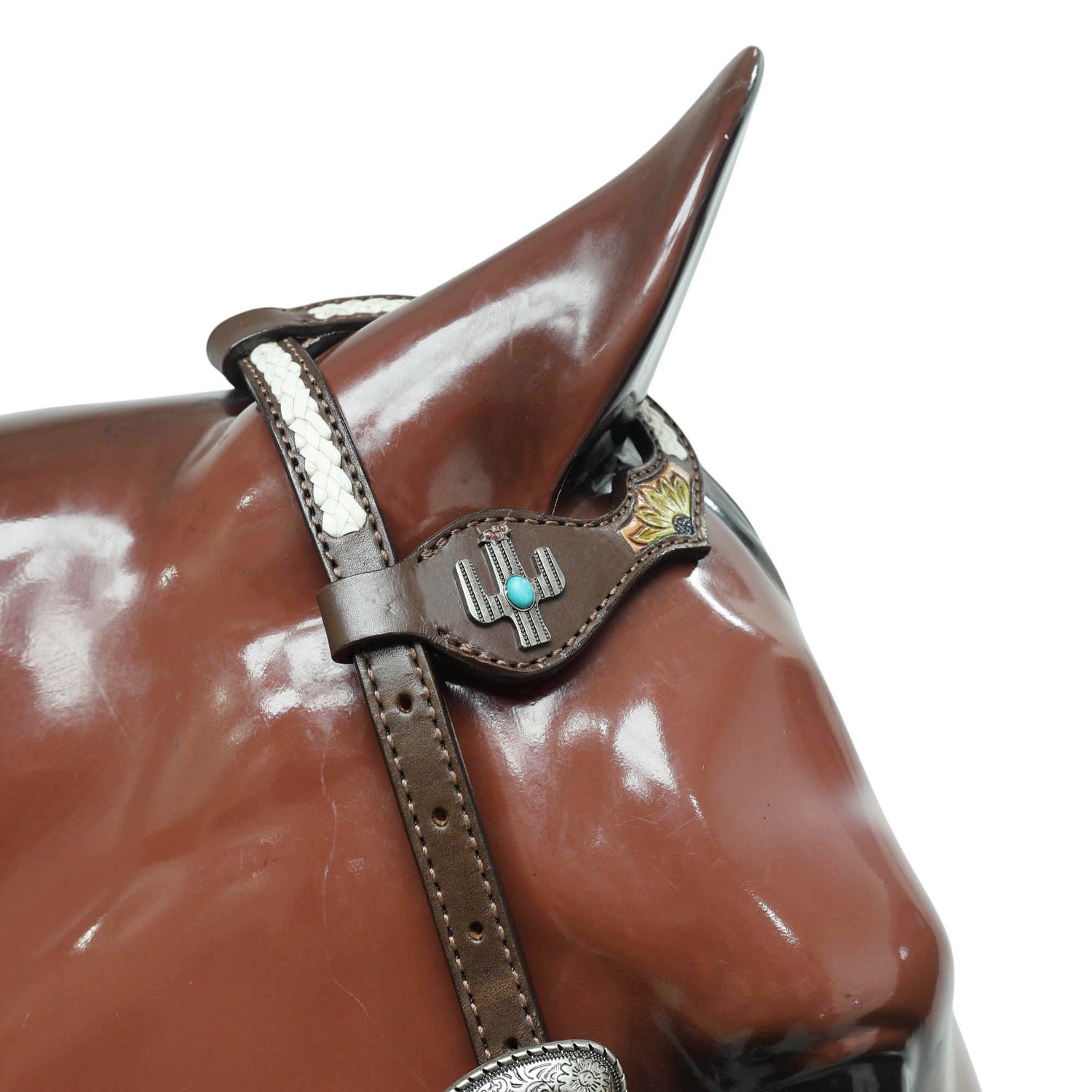 MOUSM Western Leather Horse Tack Set – Decorated with Hand-Painted Sunflower and Cactus Carving, Featuring White Rawhide Braiding and Cactus-Style Conchos on One-Ear Headstall and Breast Collar, Average Full-Size Horses