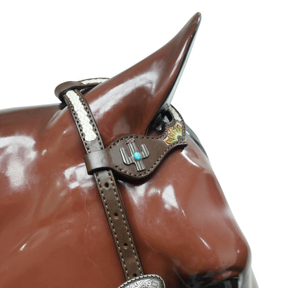MOUSM Western Leather Horse Tack Set – Decorated with Hand-Painted Sunflower and Cactus Carving, Featuring White Rawhide Braiding and Cactus-Style Conchos on One-Ear Headstall and Breast Collar, Average Full-Size Horses