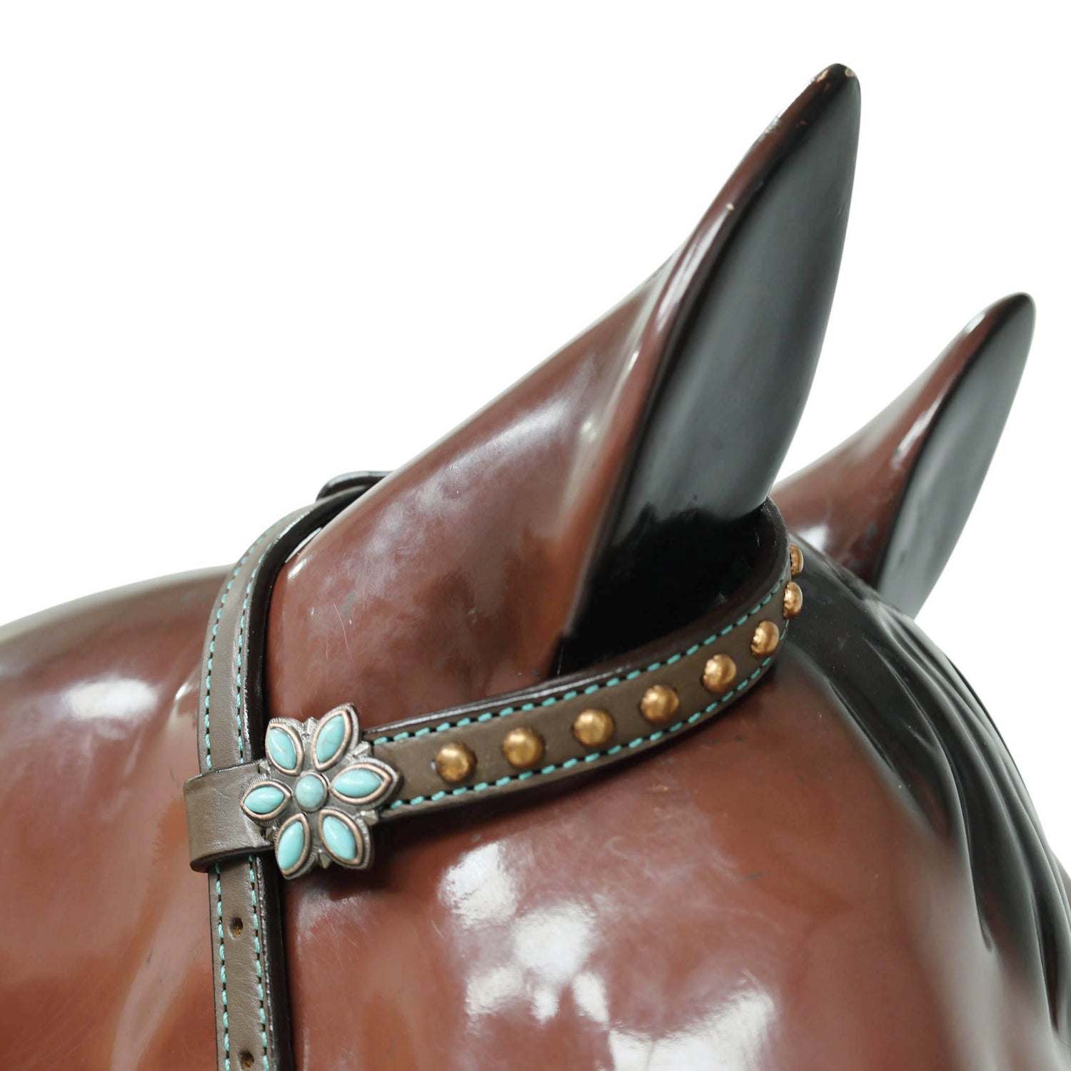 Western Leather Headstall and Breast Collar Tack Set Decorated with Border Carving Antique Finish with Copper Studs and Turquoise Stone Flower Hardware MOUSM