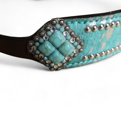 MOUSM Western Wither Strap - Stylish Horse Tack Accessory Decorated with Turquoise Metallic Acid Wash Cowhide, Surrounded by Silver Studs, Shining Rhinestone Conchos
