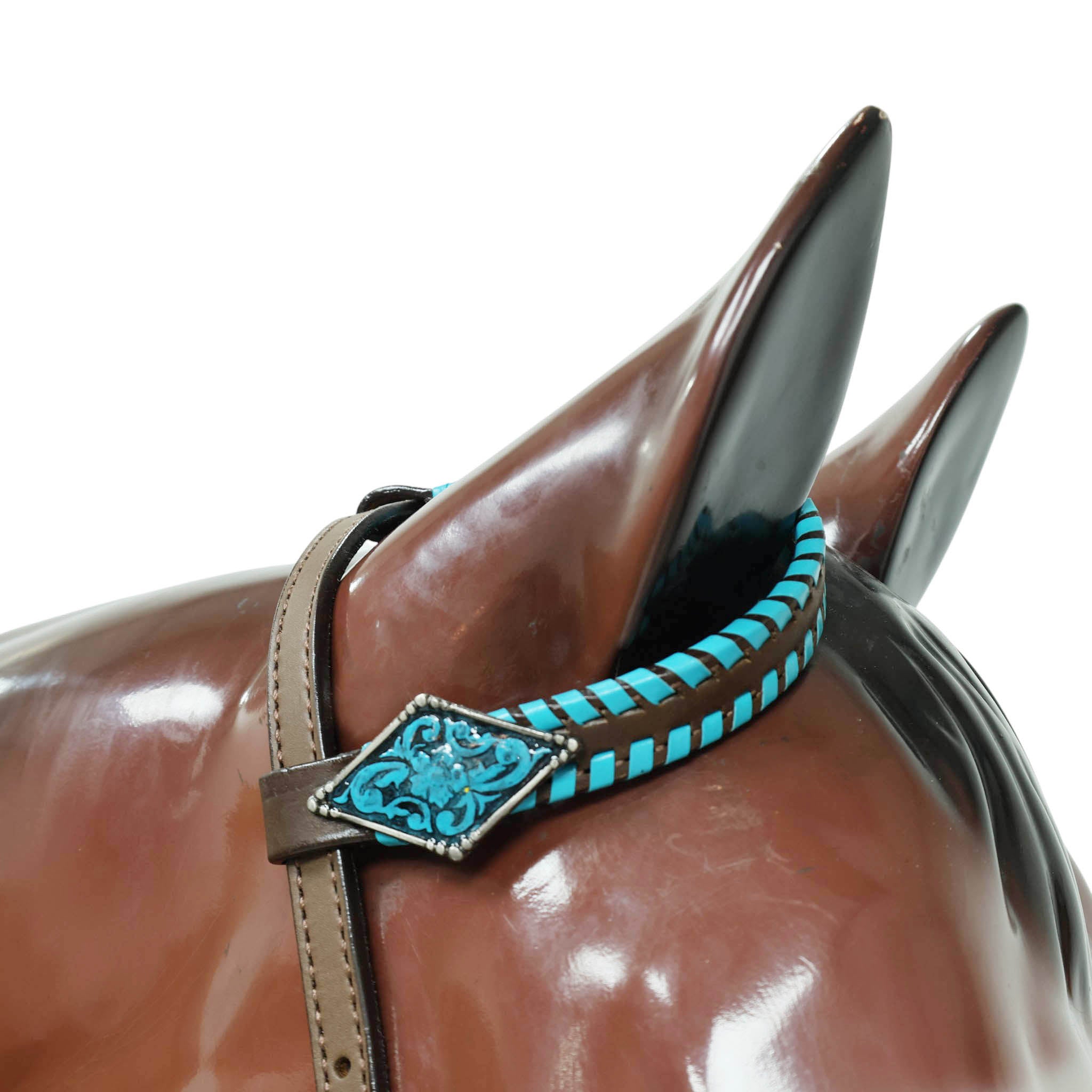 Western Horse Tack Set Decorated with Turquoise Whip Stitching with Geometrical Tooling Border and Turquoise Vintage Nickel Hardware MOUSM