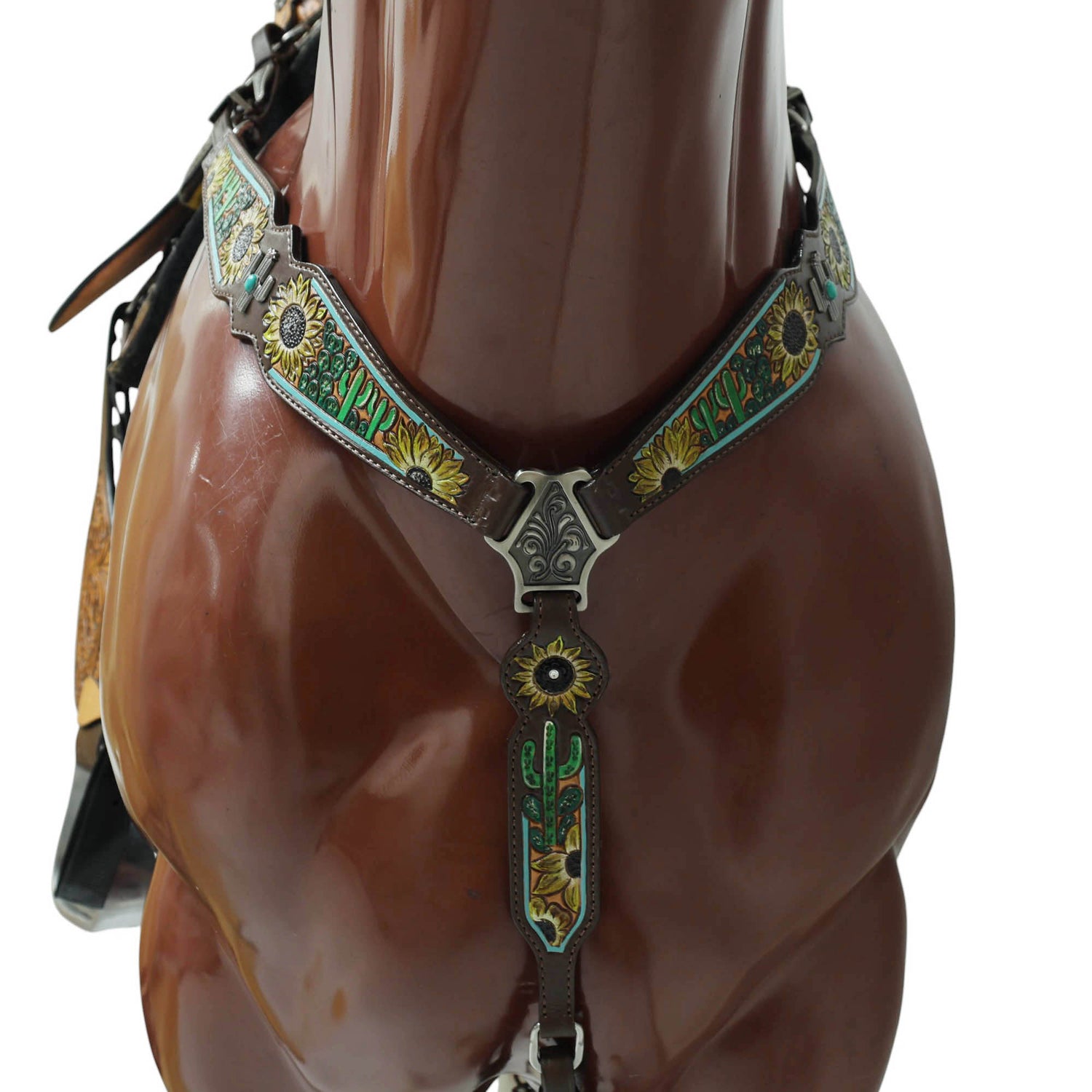 MOUSM Western Leather Horse Tack Set – Decorated with Hand-Painted Sunflower and Cactus Carving, Featuring White Rawhide Braiding and Cactus-Style Conchos on One-Ear Headstall and Breast Collar, Average Full-Size Horses