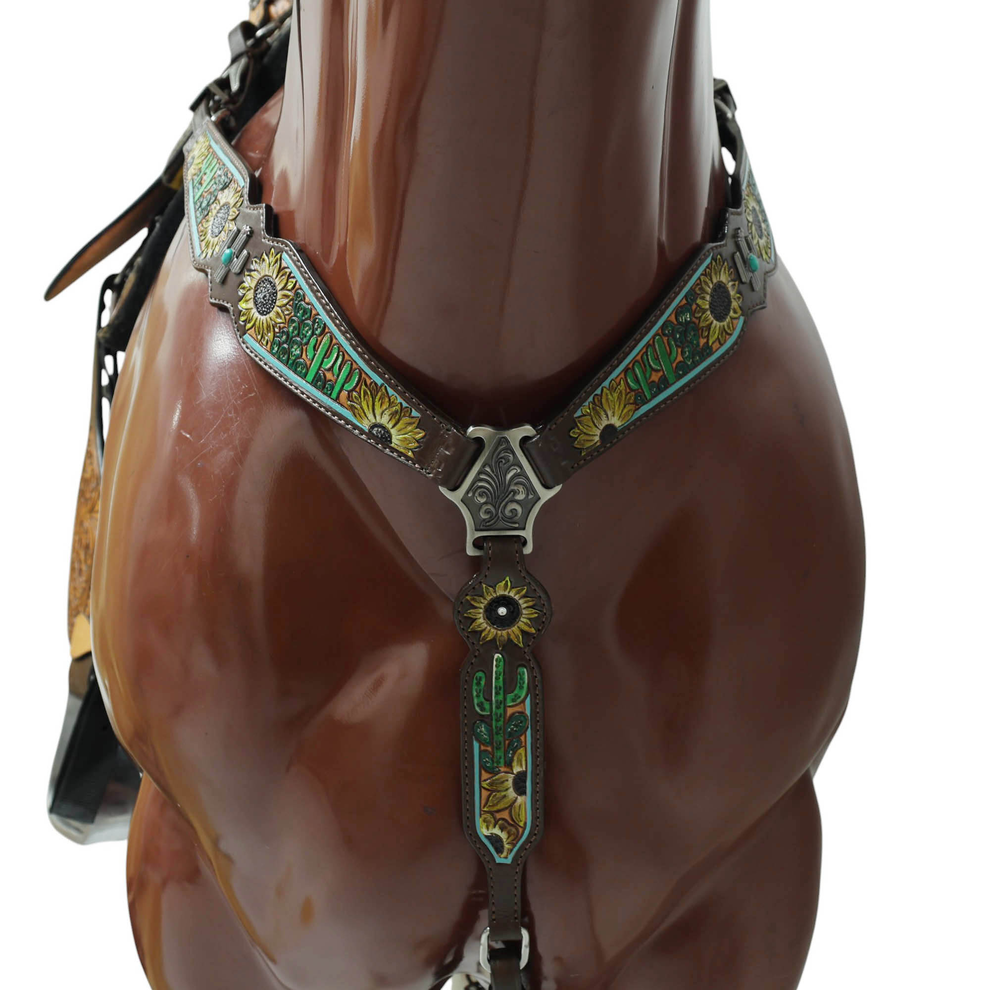 MOUSM Western Leather Horse Tack Set – Decorated with Hand-Painted Sunflower and Cactus Carving, Featuring White Rawhide Braiding and Cactus-Style Conchos on One-Ear Headstall and Breast Collar, Average Full-Size Horses
