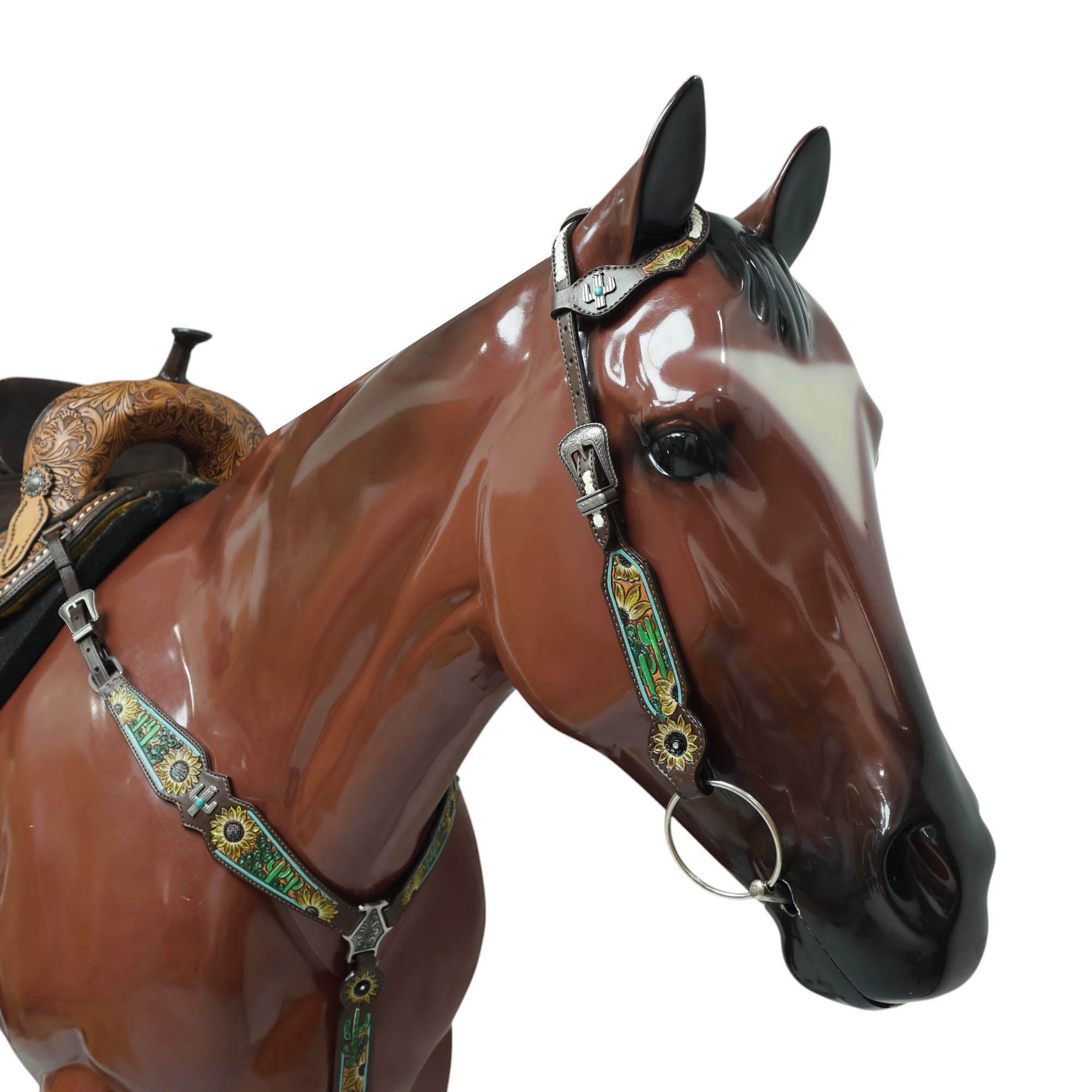 MOUSM Western Leather Horse Tack Set – Decorated with Hand-Painted Sunflower and Cactus Carving, Featuring White Rawhide Braiding and Cactus-Style Conchos on One-Ear Headstall and Breast Collar, Average Full-Size Horses