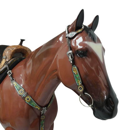 MOUSM Western Leather Horse Tack Set – Decorated with Hand-Painted Sunflower and Cactus Carving, Featuring White Rawhide Braiding and Cactus-Style Conchos on One-Ear Headstall and Breast Collar, Average Full-Size Horses