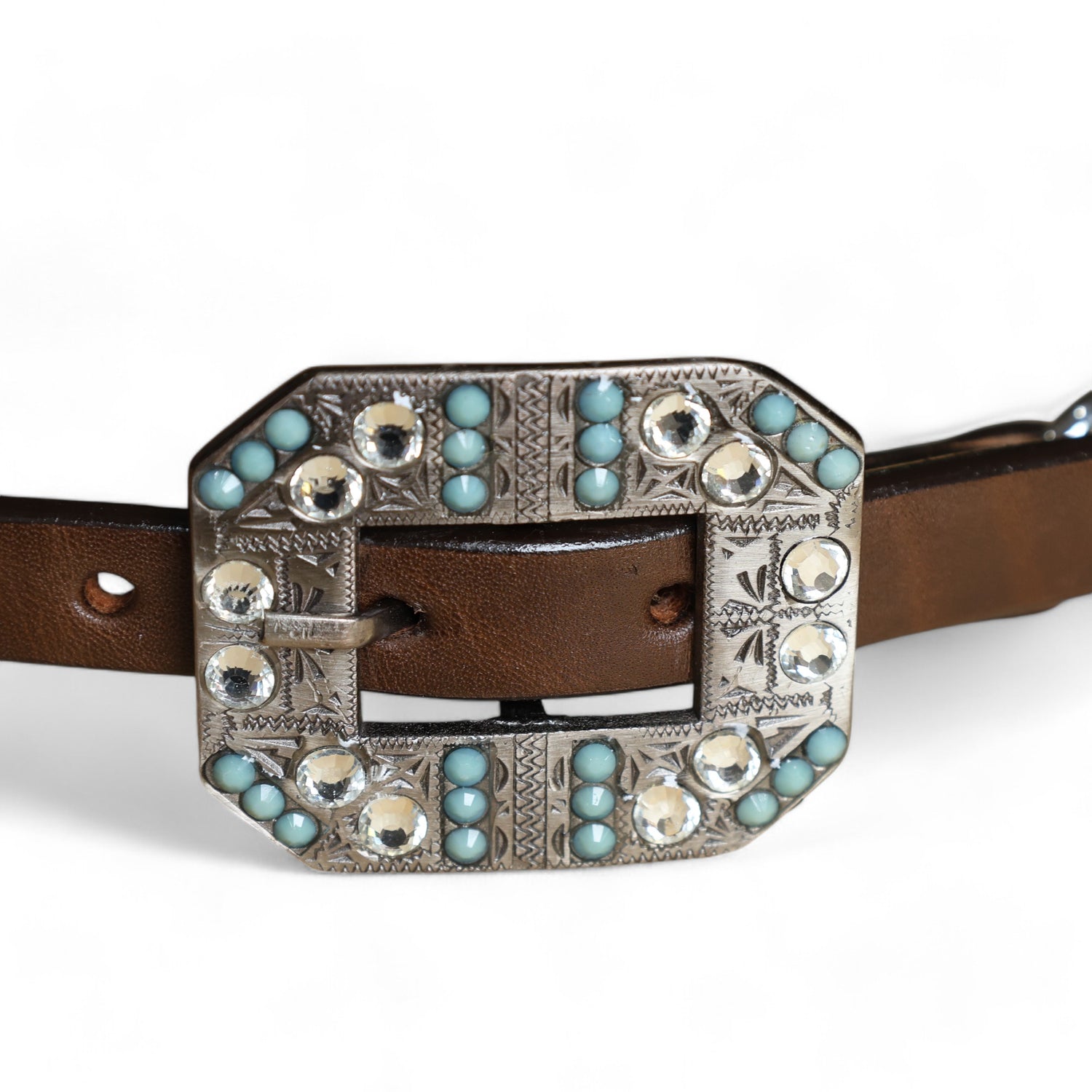 MOUSM Western Wither Strap - Stylish Horse Tack Accessory Decorated with Turquoise Metallic Acid Wash Cowhide, Surrounded by Silver Studs, Shining Rhinestone Conchos
