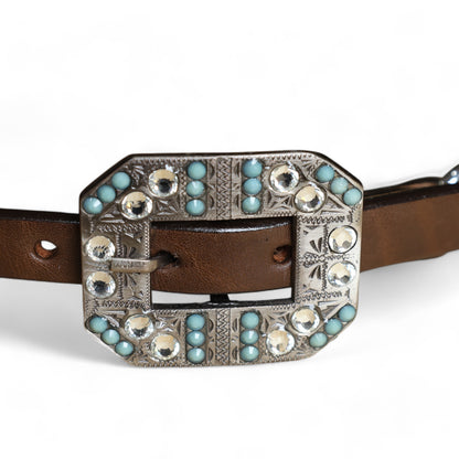 MOUSM Western Wither Strap - Stylish Horse Tack Accessory Decorated with Turquoise Metallic Acid Wash Cowhide, Surrounded by Silver Studs, Shining Rhinestone Conchos