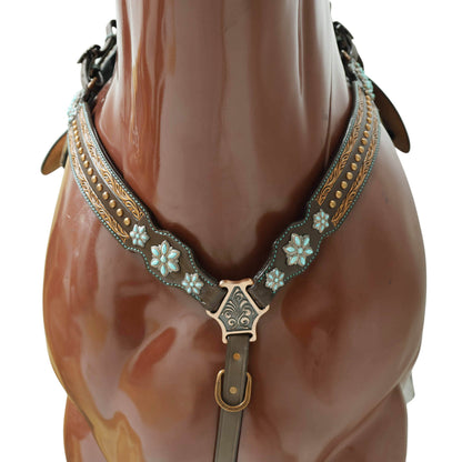 Western Leather Headstall and Breast Collar Tack Set Decorated with Border Carving Antique Finish with Copper Studs and Turquoise Stone Flower Hardware MOUSM