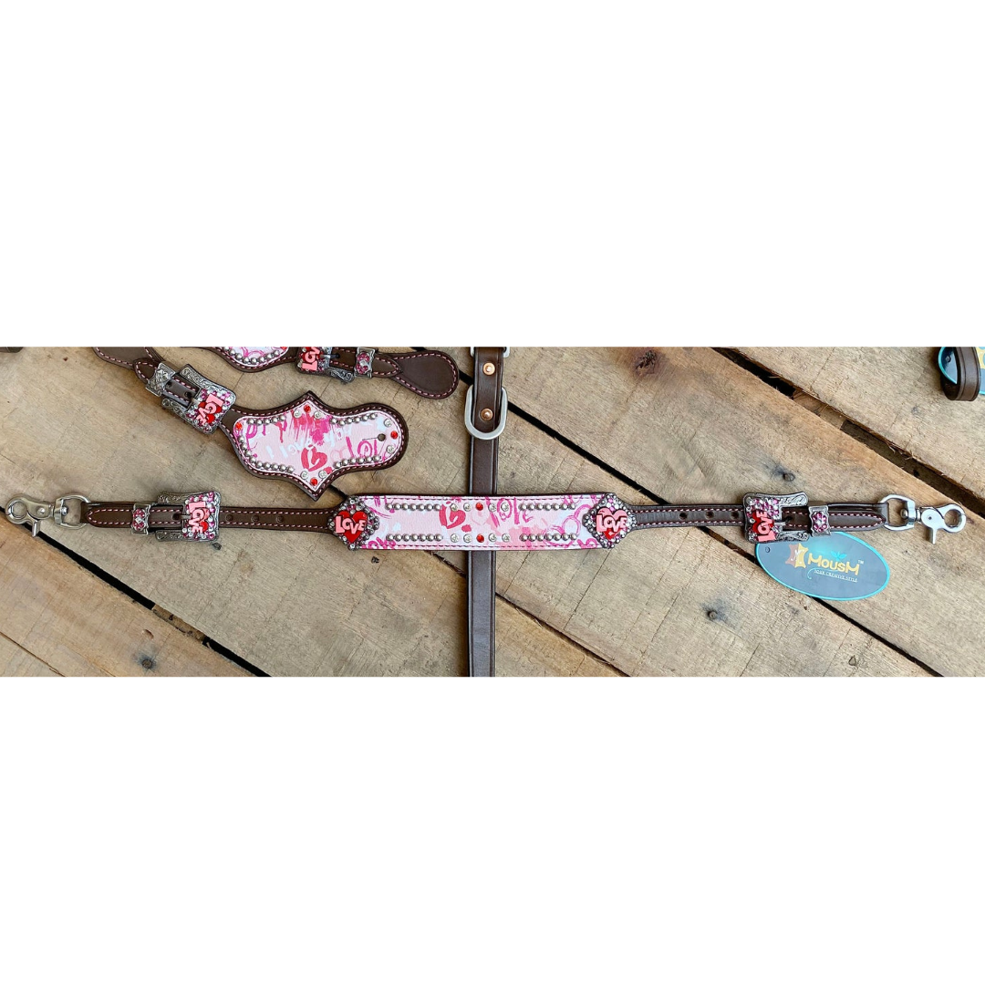 MOUSM Valentine Day Western Headstall and Breast Collar tack Collection – Western Bridles and Headstalls Decorated with Copper Studs &amp; Printed Heart Inlay
