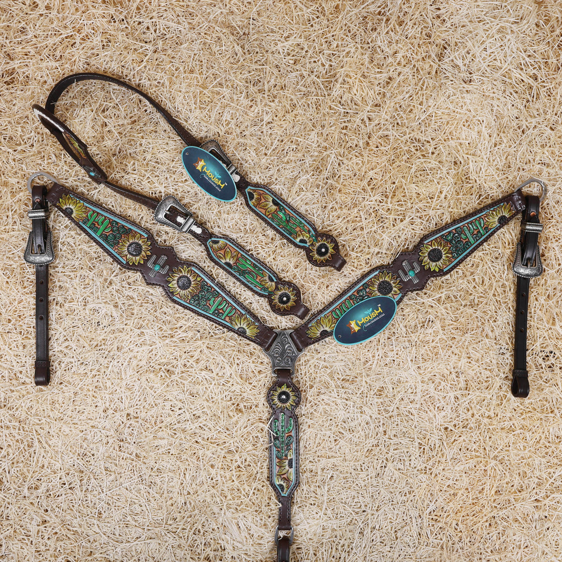 MOUSM Western Leather Horse Tack Set – Decorated with Hand-Painted Sunflower and Cactus Carving, Featuring White Rawhide Braiding and Cactus-Style Conchos on One-Ear Headstall and Breast Collar, Average Full-Size Horses