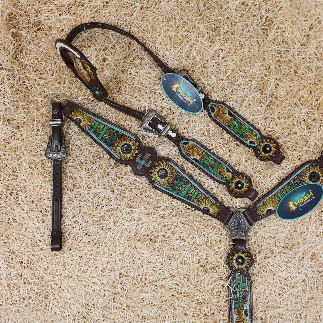 MOUSM Western Leather Horse Tack Set – Decorated with Hand-Painted Sunflower and Cactus Carving, Featuring White Rawhide Braiding and Cactus-Style Conchos on One-Ear Headstall and Breast Collar, Average Full-Size Horses