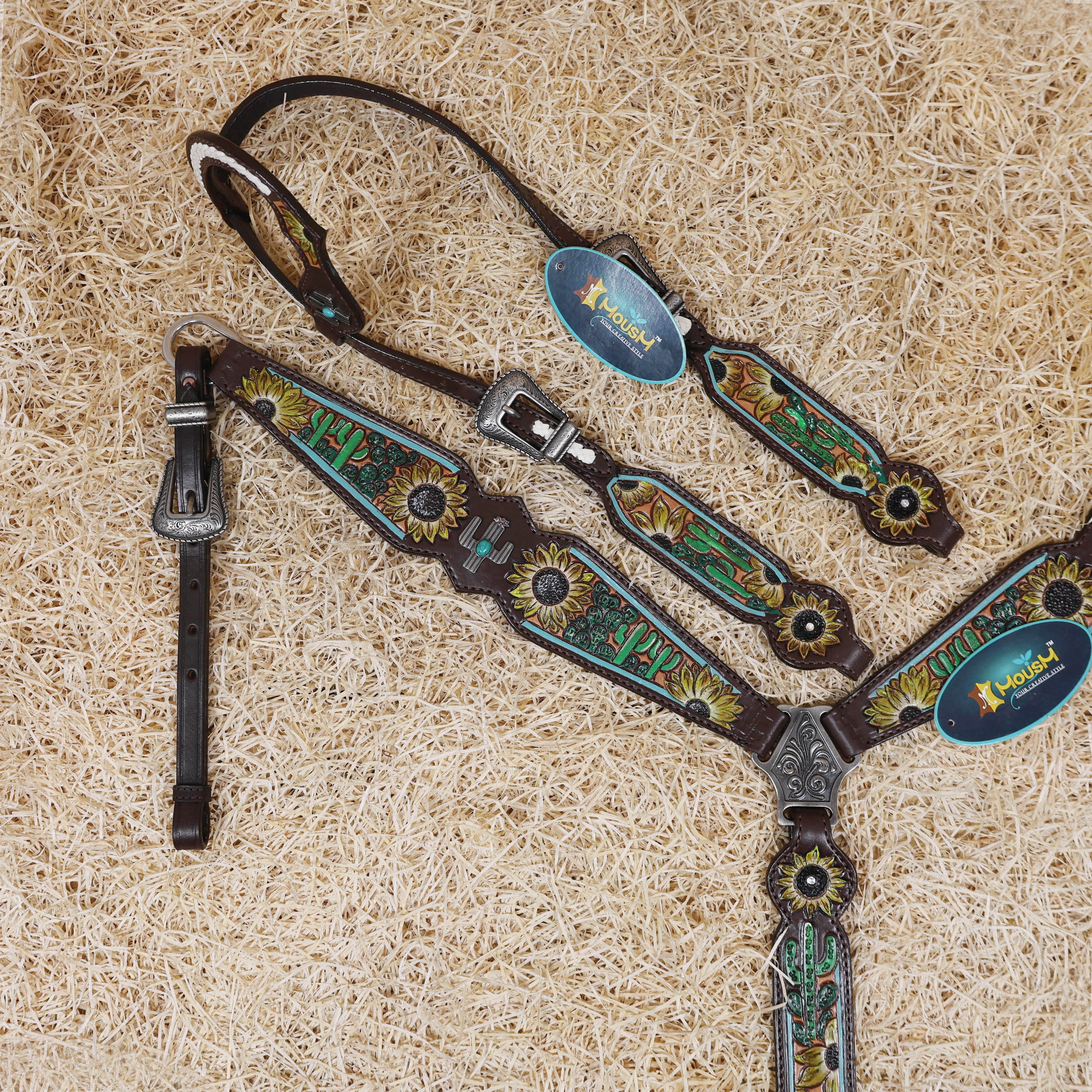 MOUSM Western Leather Horse Tack Set – Decorated with Hand-Painted Sunflower and Cactus Carving, Featuring White Rawhide Braiding and Cactus-Style Conchos on One-Ear Headstall and Breast Collar, Average Full-Size Horses