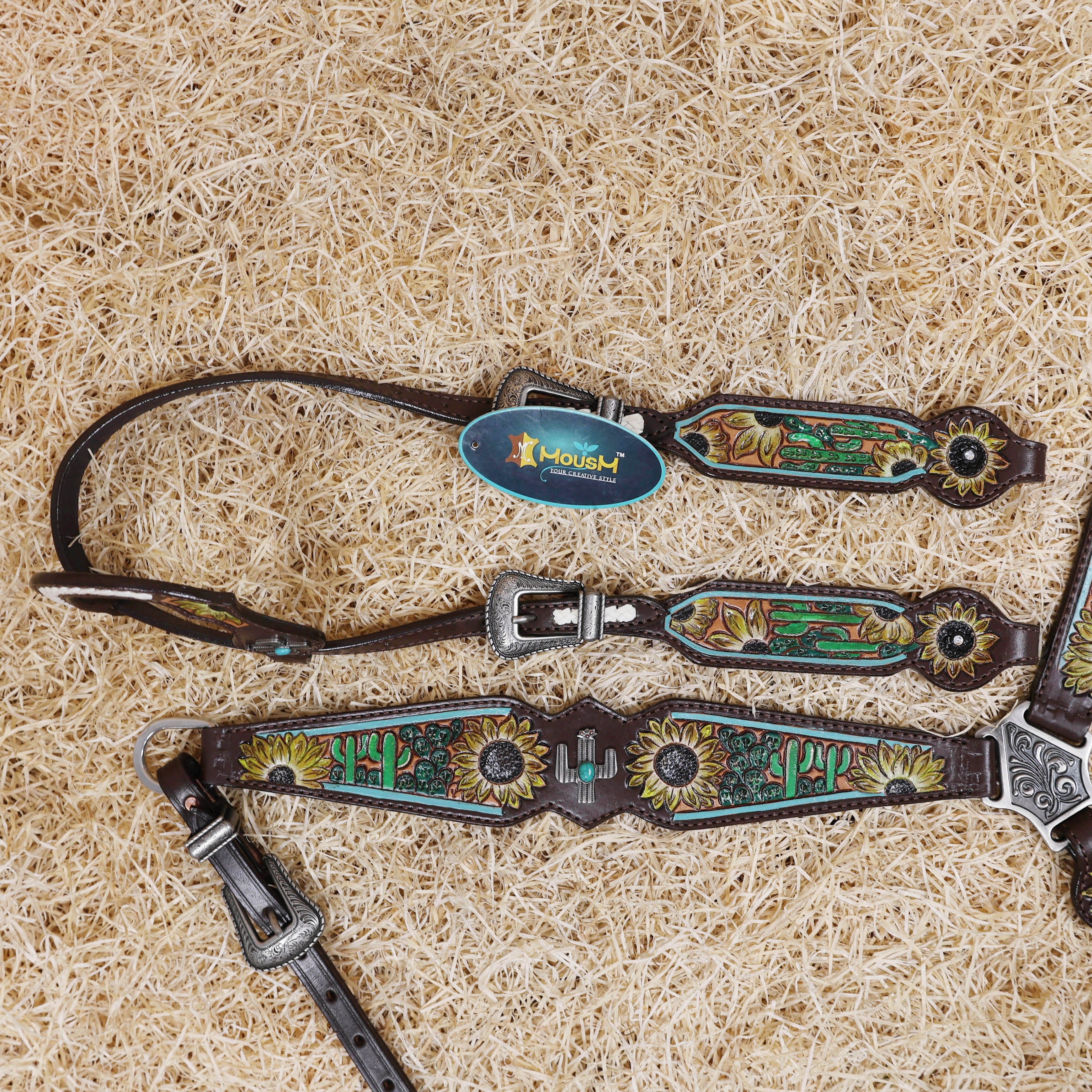 MOUSM Western Leather Horse Tack Set – Decorated with Hand-Painted Sunflower and Cactus Carving, Featuring White Rawhide Braiding and Cactus-Style Conchos on One-Ear Headstall and Breast Collar, Average Full-Size Horses
