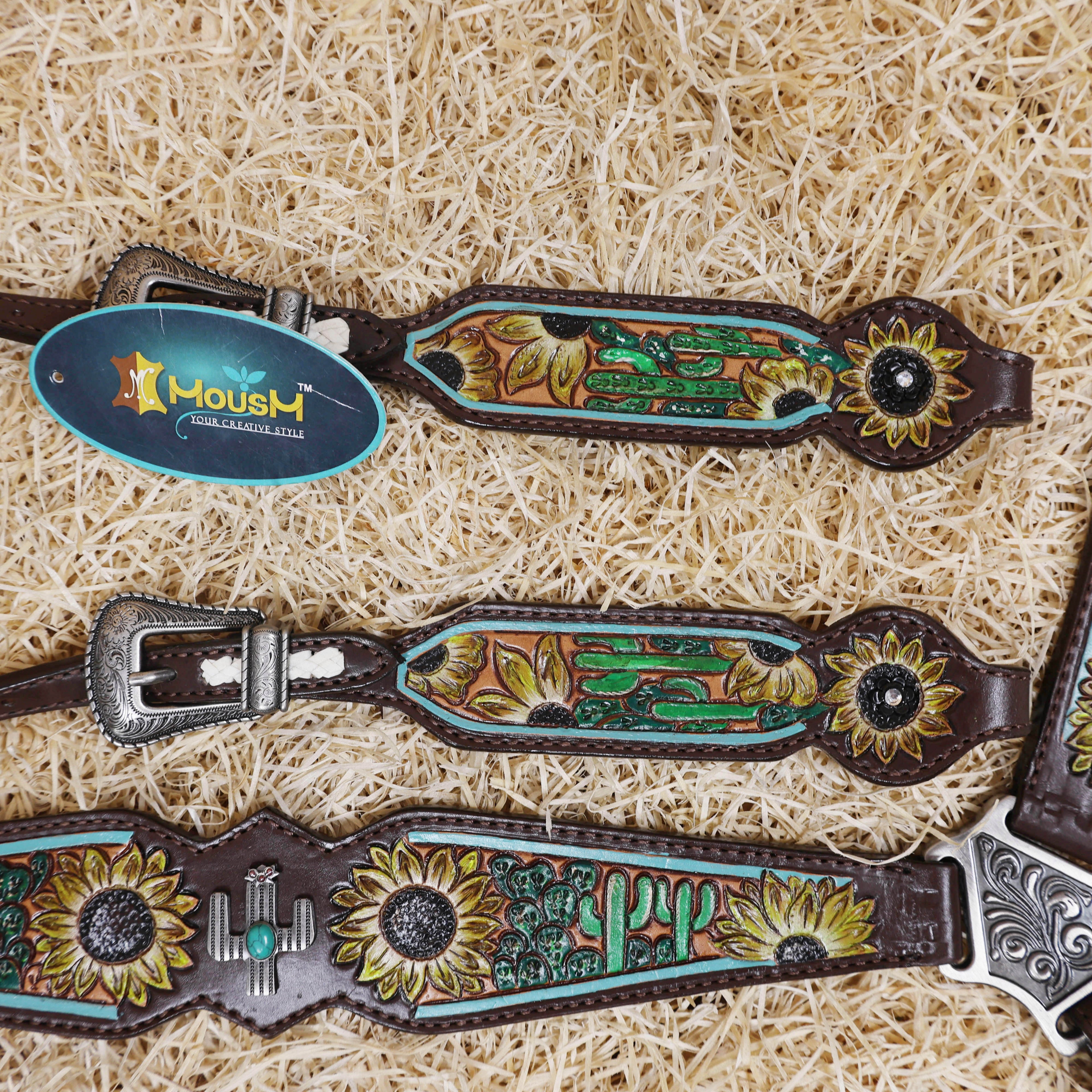 MOUSM Western Leather Horse Tack Set – Decorated with Hand-Painted Sunflower and Cactus Carving, Featuring White Rawhide Braiding and Cactus-Style Conchos on One-Ear Headstall and Breast Collar, Average Full-Size Horses