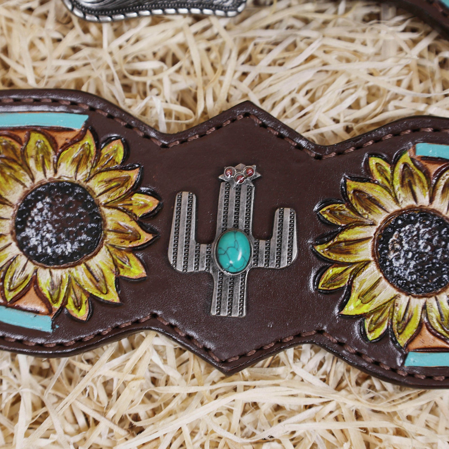 MOUSM Western Leather Horse Tack Set – Decorated with Hand-Painted Sunflower and Cactus Carving, Featuring White Rawhide Braiding and Cactus-Style Conchos on One-Ear Headstall and Breast Collar, Average Full-Size Horses