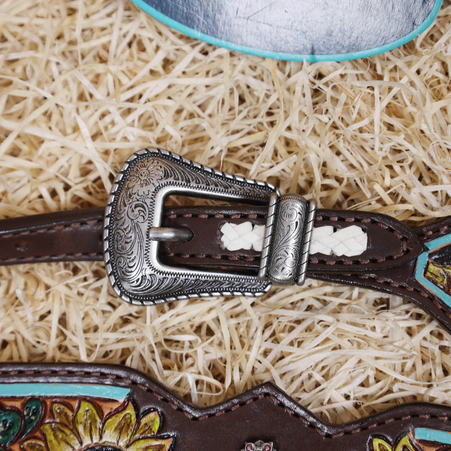 MOUSM Western Leather Horse Tack Set – Decorated with Hand-Painted Sunflower and Cactus Carving, Featuring White Rawhide Braiding and Cactus-Style Conchos on One-Ear Headstall and Breast Collar, Average Full-Size Horses