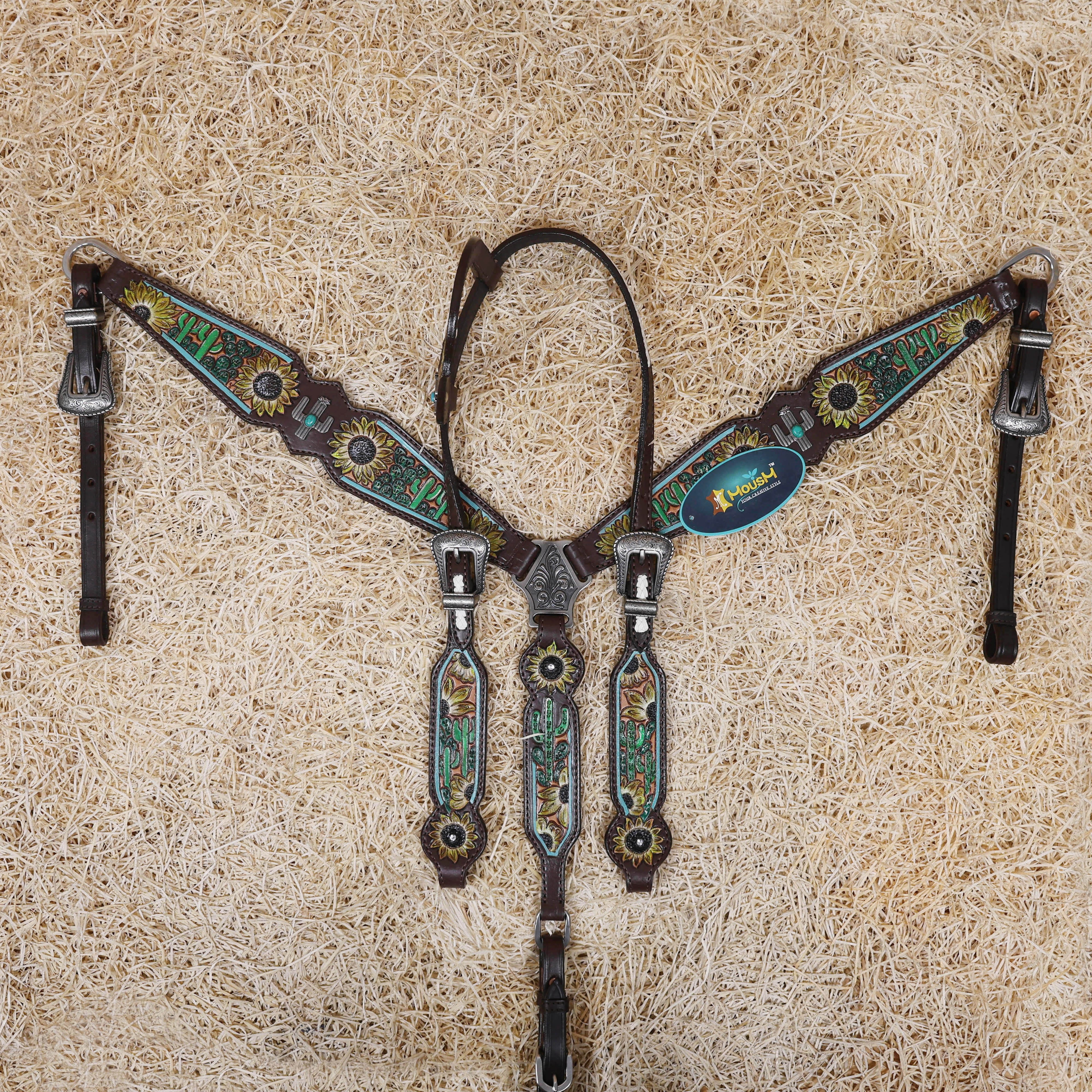 MOUSM Western Leather Horse Tack Set – Decorated with Hand-Painted Sunflower and Cactus Carving, Featuring White Rawhide Braiding and Cactus-Style Conchos on One-Ear Headstall and Breast Collar, Average Full-Size Horses